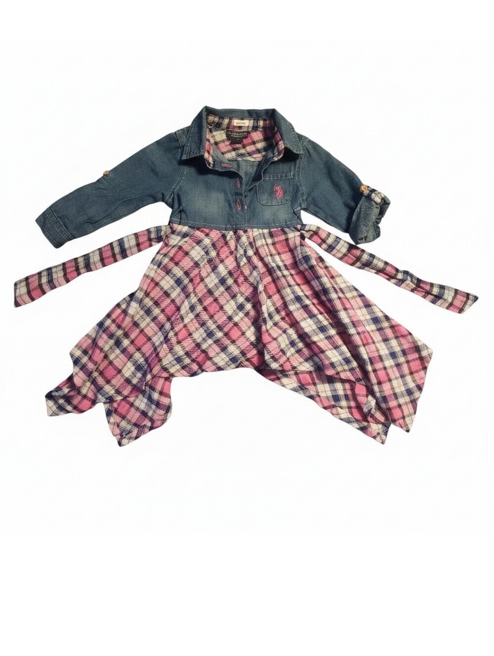 🔥5/$25🔥U.S Assn. Girls Toddler Denim & Pink Plaid Hankerchief Hem Shirt Dress
